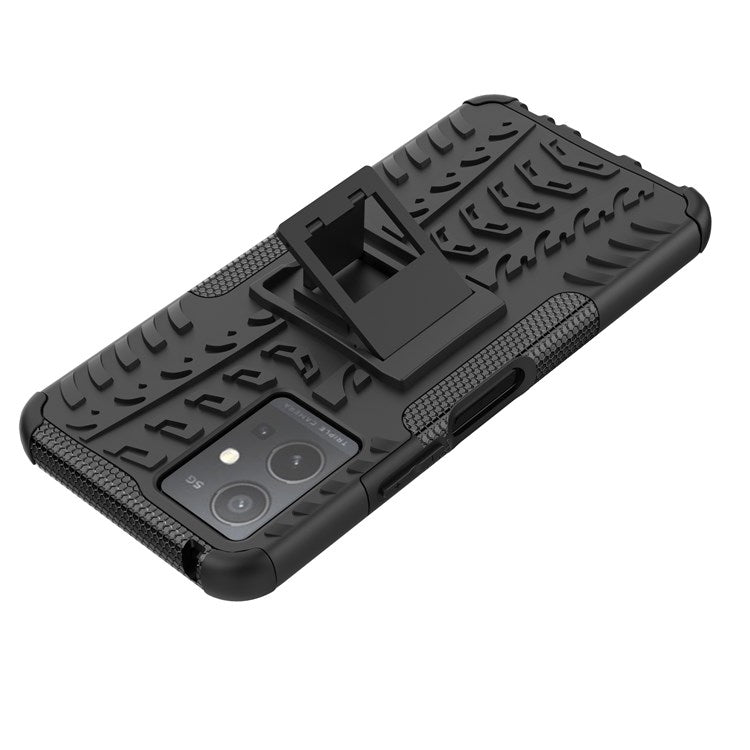 For vivo Y75 5G/Y55 5G Anti-scratch Built-in Kickstand PC + TPU Hybrid Impact Case Tire Texture Non-slip Rugged Shell - Black