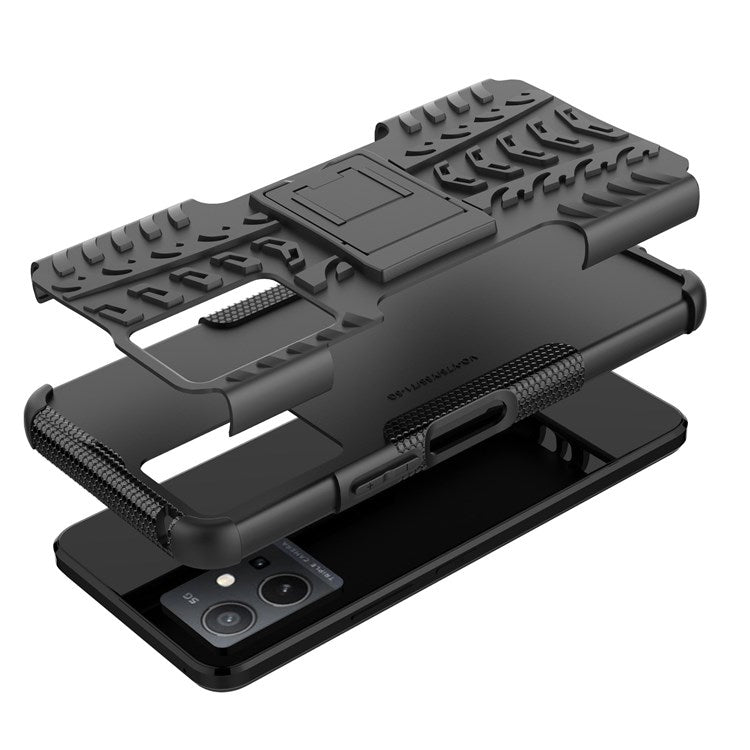 For vivo Y75 5G/Y55 5G Anti-scratch Built-in Kickstand PC + TPU Hybrid Impact Case Tire Texture Non-slip Rugged Shell - Black