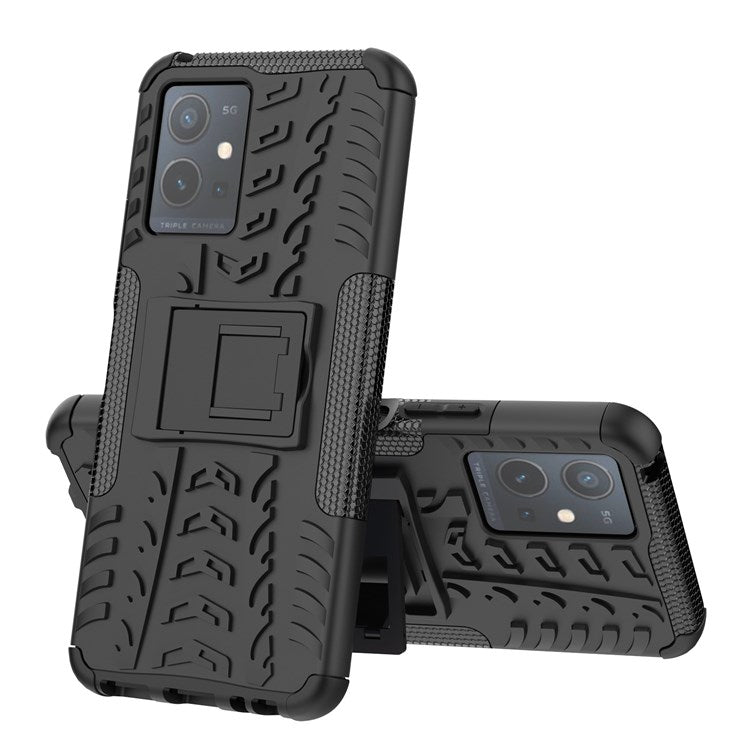 For vivo Y75 5G/Y55 5G Anti-scratch Built-in Kickstand PC + TPU Hybrid Impact Case Tire Texture Non-slip Rugged Shell - Black