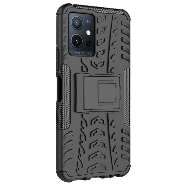 For vivo Y75 5G/Y55 5G Anti-scratch Built-in Kickstand PC + TPU Hybrid Impact Case Tire Texture Non-slip Rugged Shell - Black