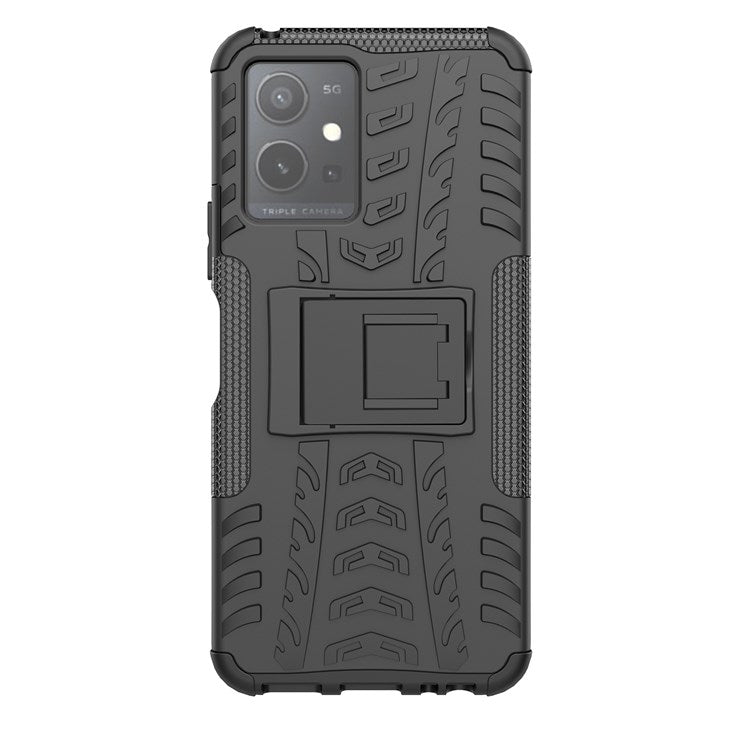 For vivo Y75 5G/Y55 5G Anti-scratch Built-in Kickstand PC + TPU Hybrid Impact Case Tire Texture Non-slip Rugged Shell - Black