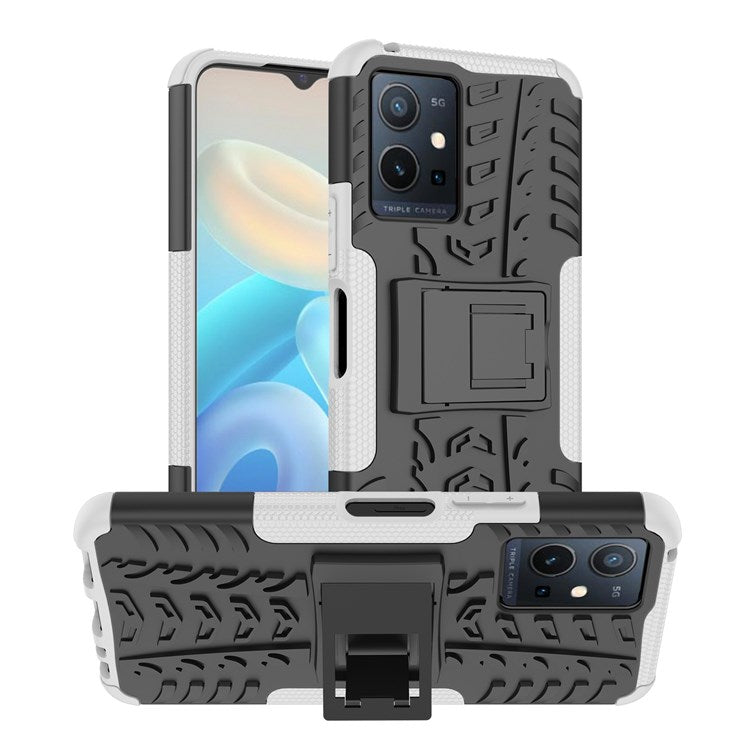 For vivo Y75 5G/Y55 5G Anti-scratch Built-in Kickstand PC + TPU Hybrid Impact Case Tire Texture Non-slip Rugged Shell - White