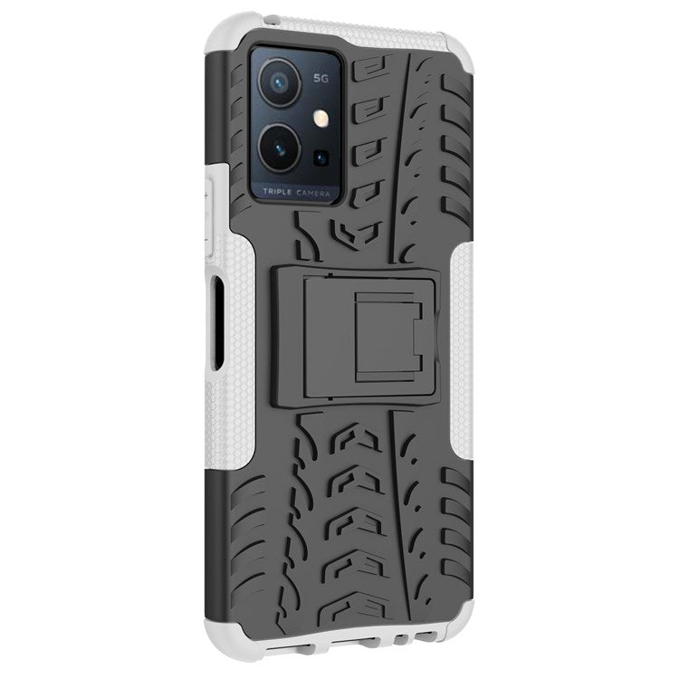 For vivo Y75 5G/Y55 5G Anti-scratch Built-in Kickstand PC + TPU Hybrid Impact Case Tire Texture Non-slip Rugged Shell - White