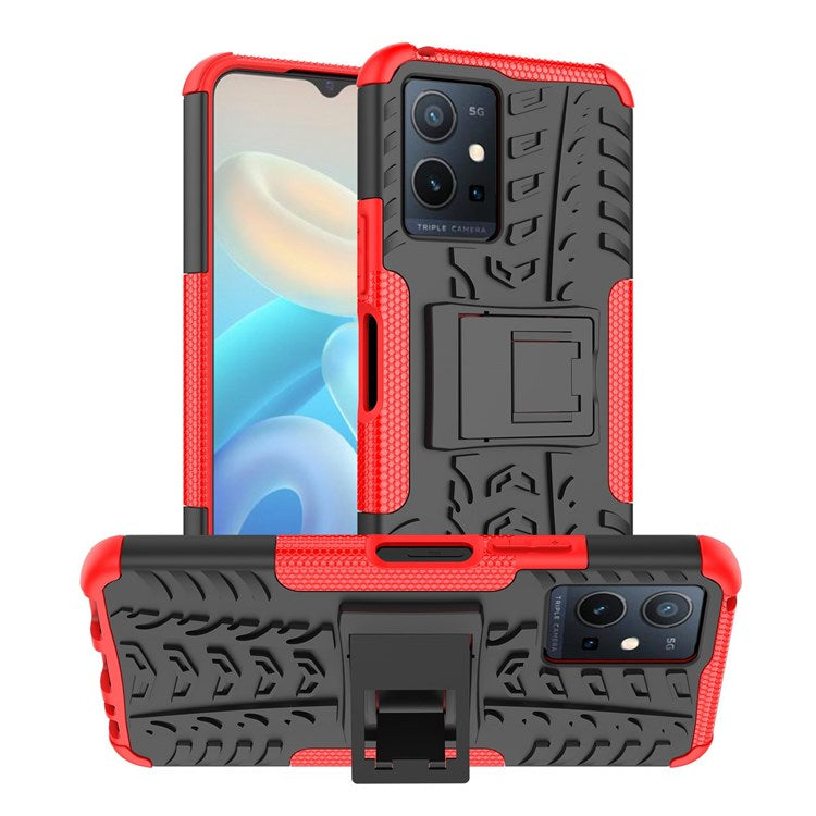 For vivo Y75 5G/Y55 5G Anti-scratch Built-in Kickstand PC + TPU Hybrid Impact Case Tire Texture Non-slip Rugged Shell - Red