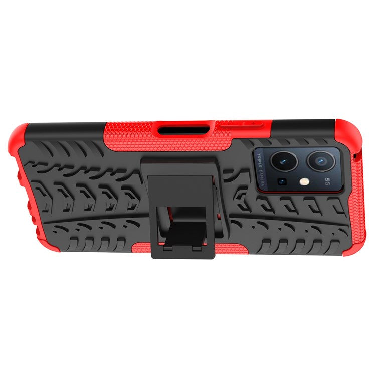 For vivo Y75 5G/Y55 5G Anti-scratch Built-in Kickstand PC + TPU Hybrid Impact Case Tire Texture Non-slip Rugged Shell - Red