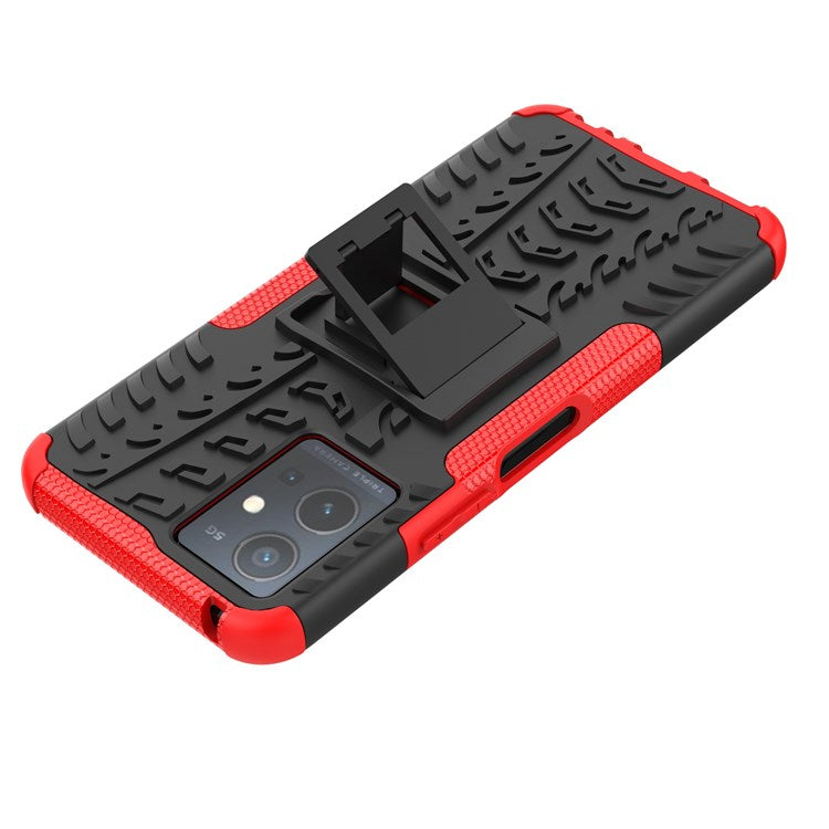 For vivo Y75 5G/Y55 5G Anti-scratch Built-in Kickstand PC + TPU Hybrid Impact Case Tire Texture Non-slip Rugged Shell - Red