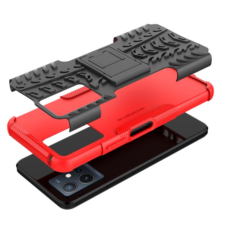 For vivo Y75 5G/Y55 5G Anti-scratch Built-in Kickstand PC + TPU Hybrid Impact Case Tire Texture Non-slip Rugged Shell - Red