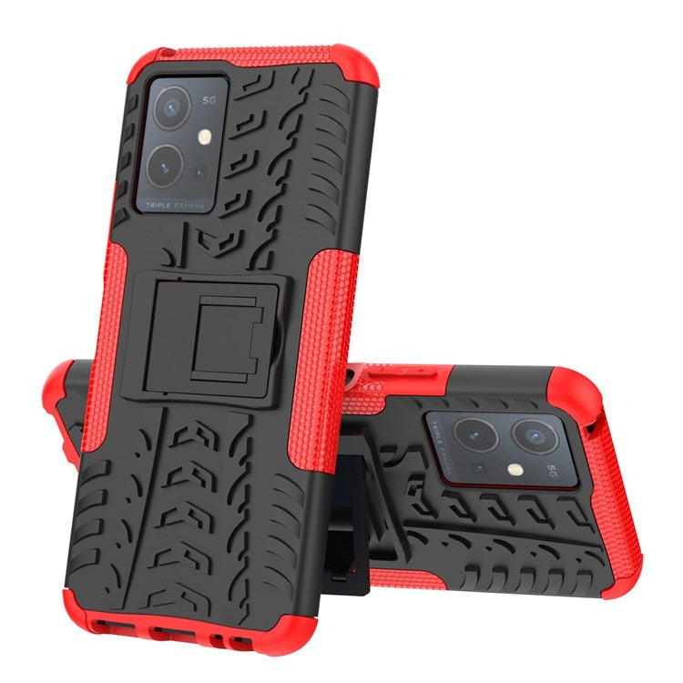 For vivo Y75 5G/Y55 5G Anti-scratch Built-in Kickstand PC + TPU Hybrid Impact Case Tire Texture Non-slip Rugged Shell - Red