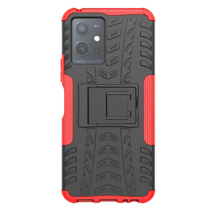 For vivo Y75 5G/Y55 5G Anti-scratch Built-in Kickstand PC + TPU Hybrid Impact Case Tire Texture Non-slip Rugged Shell - Red