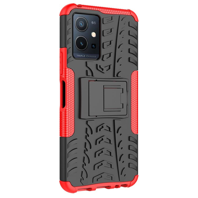 For vivo Y75 5G/Y55 5G Anti-scratch Built-in Kickstand PC + TPU Hybrid Impact Case Tire Texture Non-slip Rugged Shell - Red