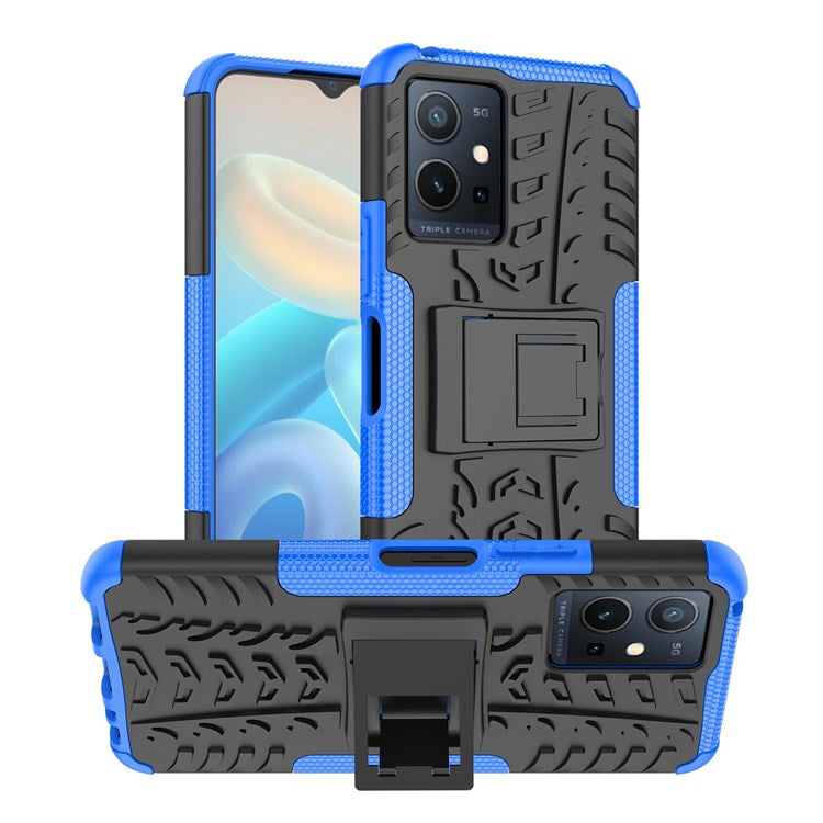 For vivo Y75 5G/Y55 5G Anti-scratch Built-in Kickstand PC + TPU Hybrid Impact Case Tire Texture Non-slip Rugged Shell - Blue