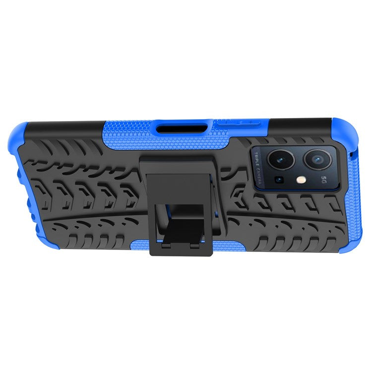 For vivo Y75 5G/Y55 5G Anti-scratch Built-in Kickstand PC + TPU Hybrid Impact Case Tire Texture Non-slip Rugged Shell - Blue