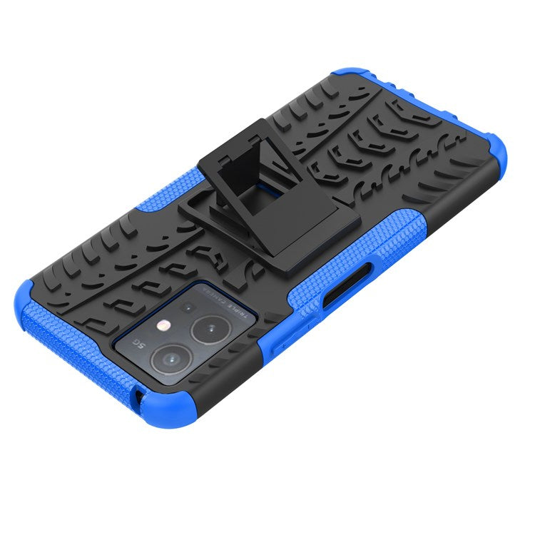 For vivo Y75 5G/Y55 5G Anti-scratch Built-in Kickstand PC + TPU Hybrid Impact Case Tire Texture Non-slip Rugged Shell - Blue