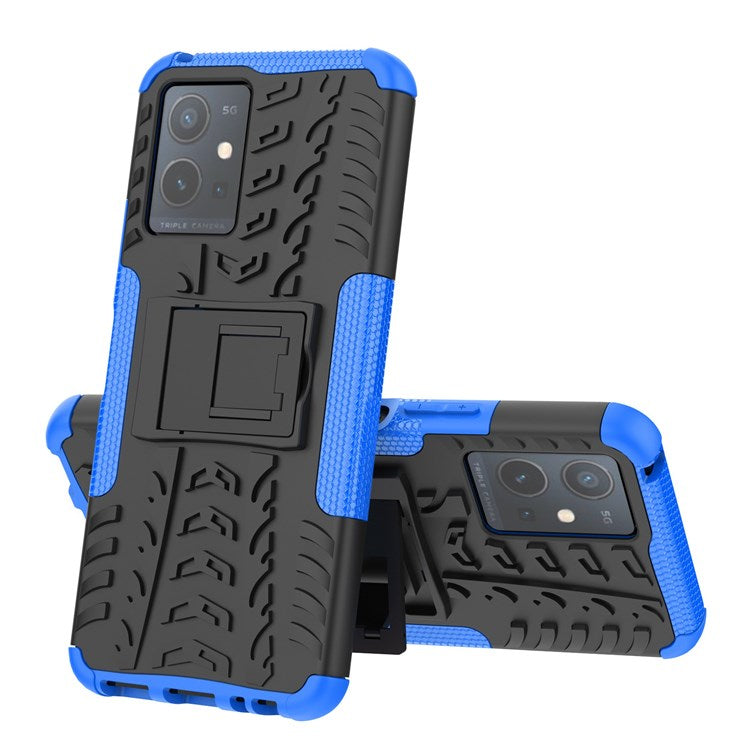 For vivo Y75 5G/Y55 5G Anti-scratch Built-in Kickstand PC + TPU Hybrid Impact Case Tire Texture Non-slip Rugged Shell - Blue