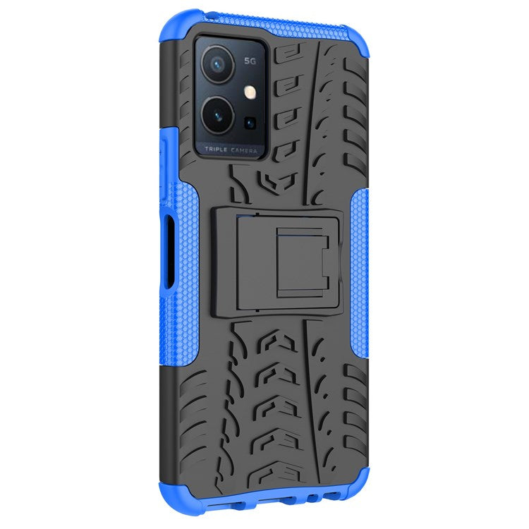 For vivo Y75 5G/Y55 5G Anti-scratch Built-in Kickstand PC + TPU Hybrid Impact Case Tire Texture Non-slip Rugged Shell - Blue