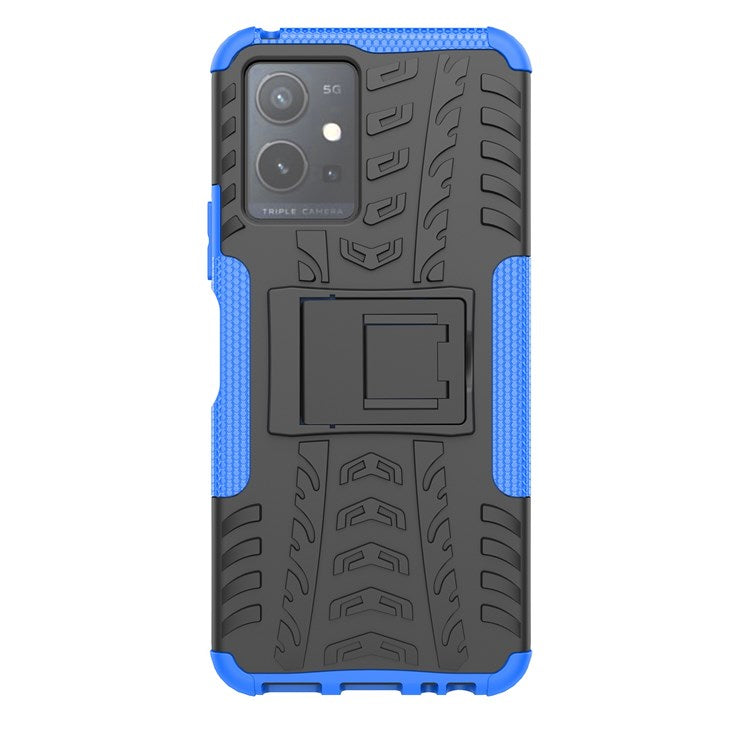 For vivo Y75 5G/Y55 5G Anti-scratch Built-in Kickstand PC + TPU Hybrid Impact Case Tire Texture Non-slip Rugged Shell - Blue