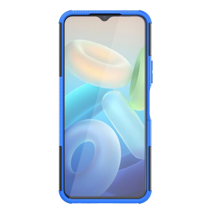 For vivo Y75 5G/Y55 5G Anti-scratch Built-in Kickstand PC + TPU Hybrid Impact Case Tire Texture Non-slip Rugged Shell - Blue