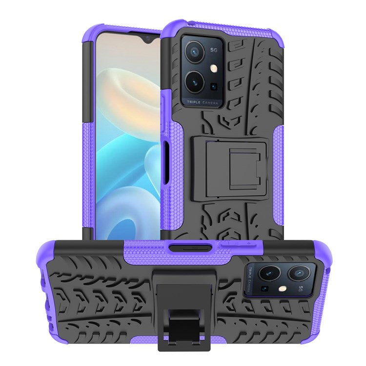 For vivo Y75 5G/Y55 5G Anti-scratch Built-in Kickstand PC + TPU Hybrid Impact Case Tire Texture Non-slip Rugged Shell - Purple