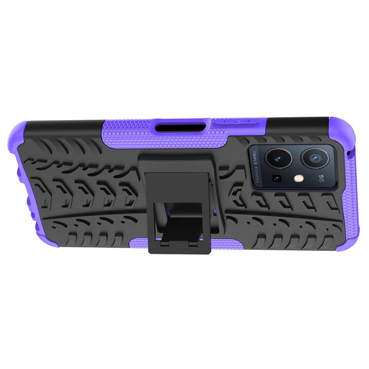 For vivo Y75 5G/Y55 5G Anti-scratch Built-in Kickstand PC + TPU Hybrid Impact Case Tire Texture Non-slip Rugged Shell - Purple