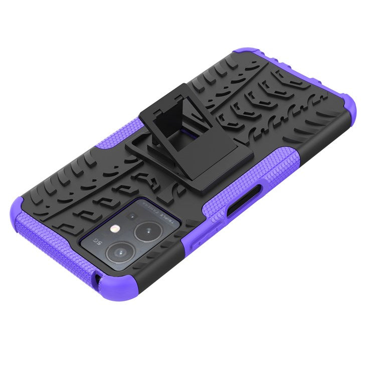 For vivo Y75 5G/Y55 5G Anti-scratch Built-in Kickstand PC + TPU Hybrid Impact Case Tire Texture Non-slip Rugged Shell - Purple