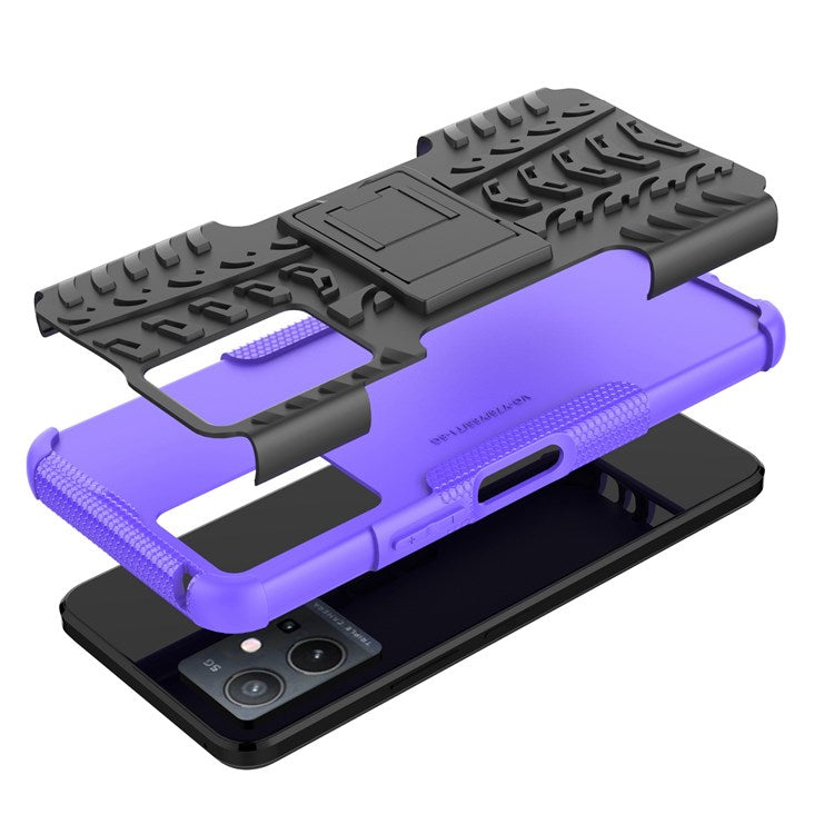 For vivo Y75 5G/Y55 5G Anti-scratch Built-in Kickstand PC + TPU Hybrid Impact Case Tire Texture Non-slip Rugged Shell - Purple