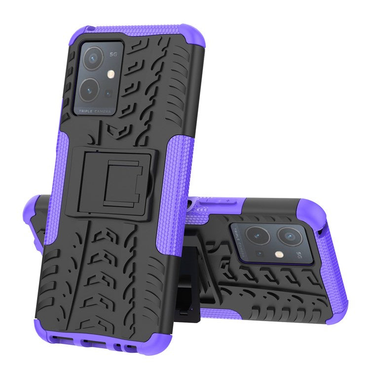 For vivo Y75 5G/Y55 5G Anti-scratch Built-in Kickstand PC + TPU Hybrid Impact Case Tire Texture Non-slip Rugged Shell - Purple