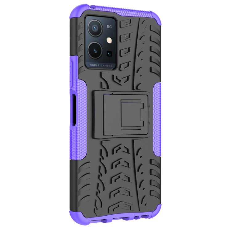 For vivo Y75 5G/Y55 5G Anti-scratch Built-in Kickstand PC + TPU Hybrid Impact Case Tire Texture Non-slip Rugged Shell - Purple