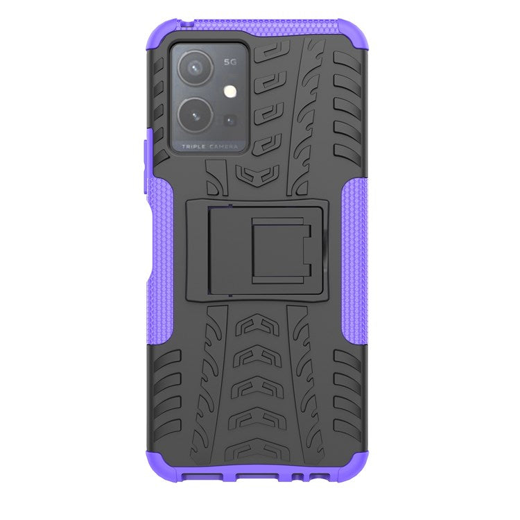 For vivo Y75 5G/Y55 5G Anti-scratch Built-in Kickstand PC + TPU Hybrid Impact Case Tire Texture Non-slip Rugged Shell - Purple