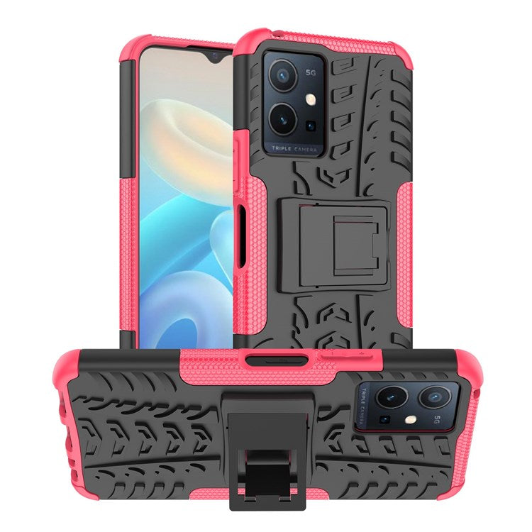 For vivo Y75 5G/Y55 5G Anti-scratch Built-in Kickstand PC + TPU Hybrid Impact Case Tire Texture Non-slip Rugged Shell - Rose