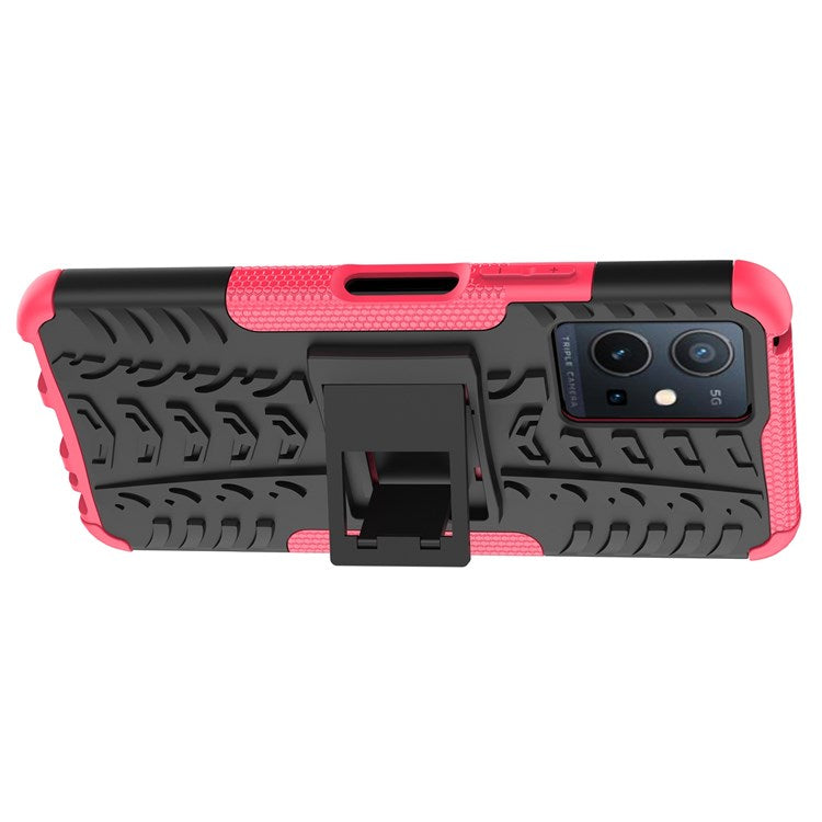 For vivo Y75 5G/Y55 5G Anti-scratch Built-in Kickstand PC + TPU Hybrid Impact Case Tire Texture Non-slip Rugged Shell - Rose