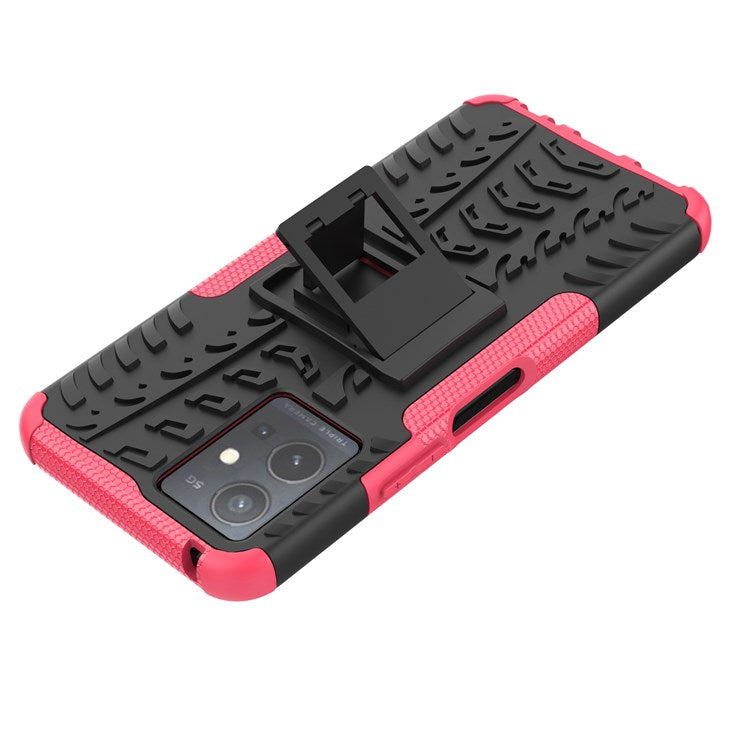 For vivo Y75 5G/Y55 5G Anti-scratch Built-in Kickstand PC + TPU Hybrid Impact Case Tire Texture Non-slip Rugged Shell - Rose