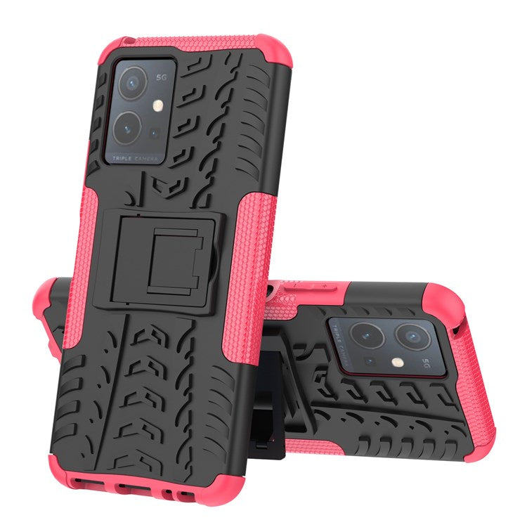 For vivo Y75 5G/Y55 5G Anti-scratch Built-in Kickstand PC + TPU Hybrid Impact Case Tire Texture Non-slip Rugged Shell - Rose