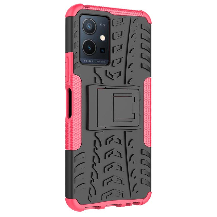 For vivo Y75 5G/Y55 5G Anti-scratch Built-in Kickstand PC + TPU Hybrid Impact Case Tire Texture Non-slip Rugged Shell - Rose