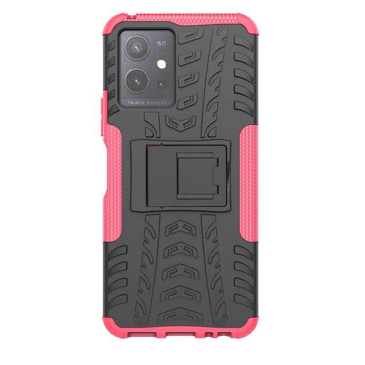 For vivo Y75 5G/Y55 5G Anti-scratch Built-in Kickstand PC + TPU Hybrid Impact Case Tire Texture Non-slip Rugged Shell - Rose