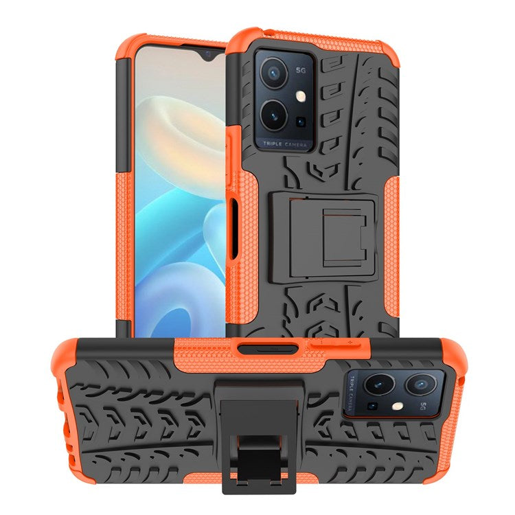 For vivo Y75 5G/Y55 5G Anti-scratch Built-in Kickstand PC + TPU Hybrid Impact Case Tire Texture Non-slip Rugged Shell - Orange