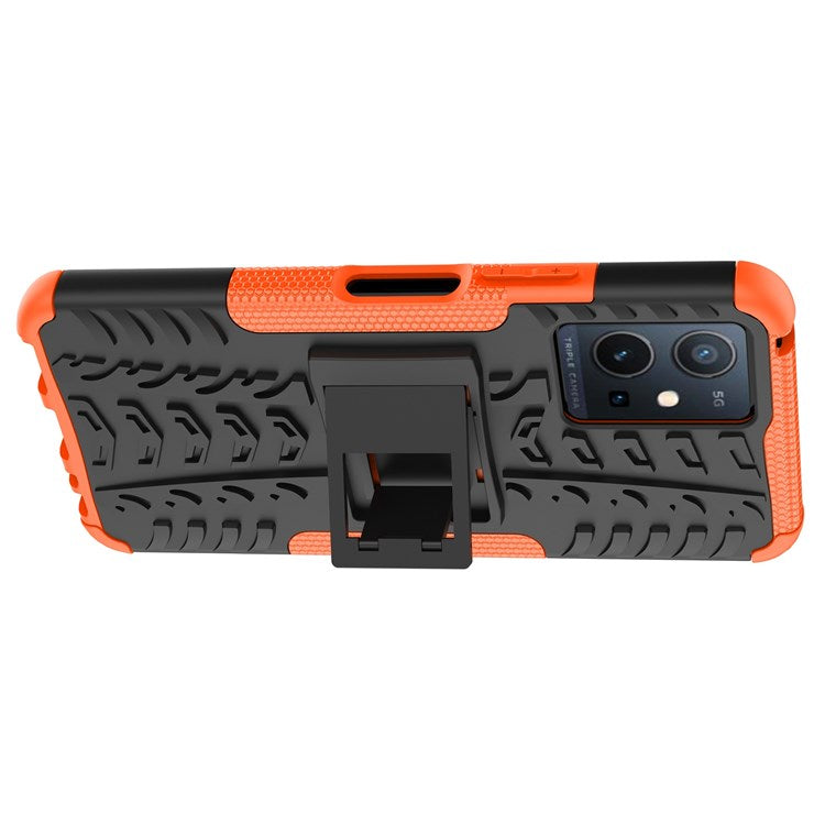 For vivo Y75 5G/Y55 5G Anti-scratch Built-in Kickstand PC + TPU Hybrid Impact Case Tire Texture Non-slip Rugged Shell - Orange