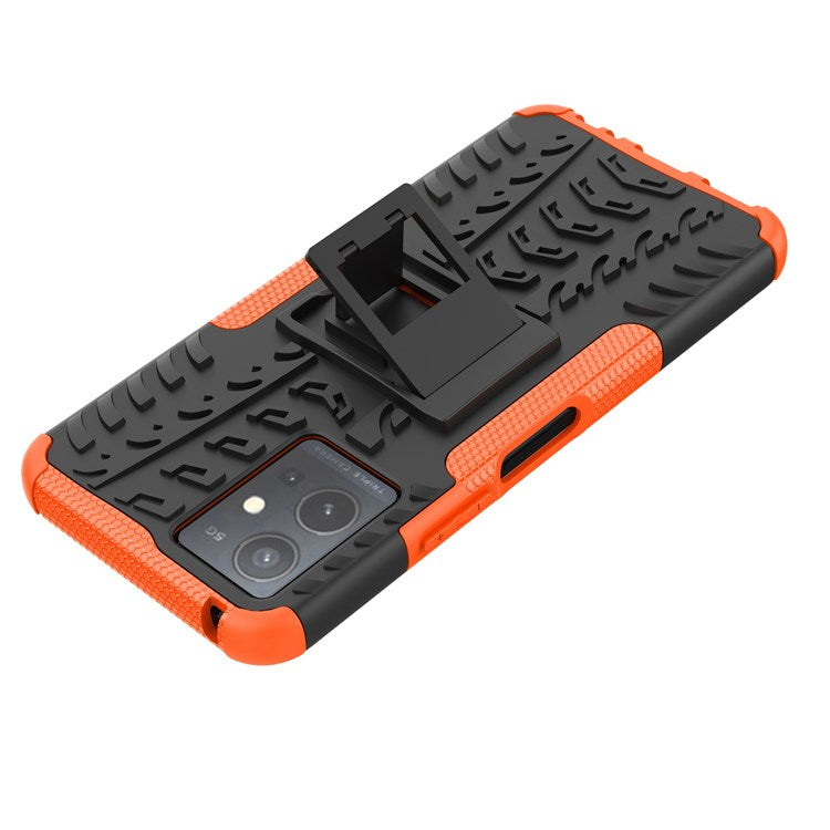 For vivo Y75 5G/Y55 5G Anti-scratch Built-in Kickstand PC + TPU Hybrid Impact Case Tire Texture Non-slip Rugged Shell - Orange