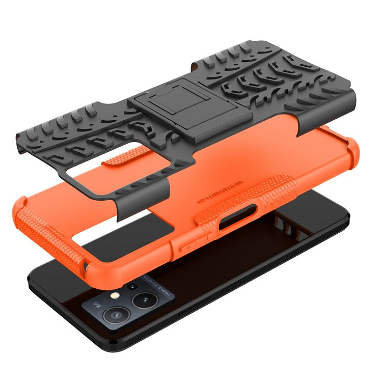 For vivo Y75 5G/Y55 5G Anti-scratch Built-in Kickstand PC + TPU Hybrid Impact Case Tire Texture Non-slip Rugged Shell - Orange