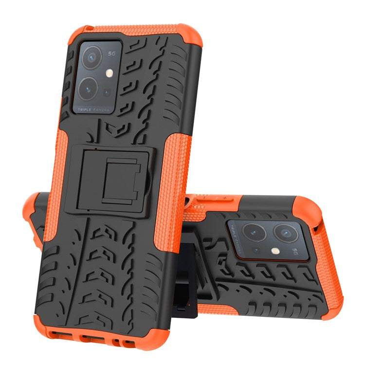 For vivo Y75 5G/Y55 5G Anti-scratch Built-in Kickstand PC + TPU Hybrid Impact Case Tire Texture Non-slip Rugged Shell - Orange