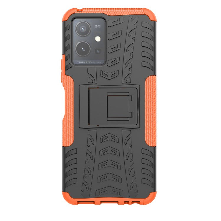 For vivo Y75 5G/Y55 5G Anti-scratch Built-in Kickstand PC + TPU Hybrid Impact Case Tire Texture Non-slip Rugged Shell - Orange