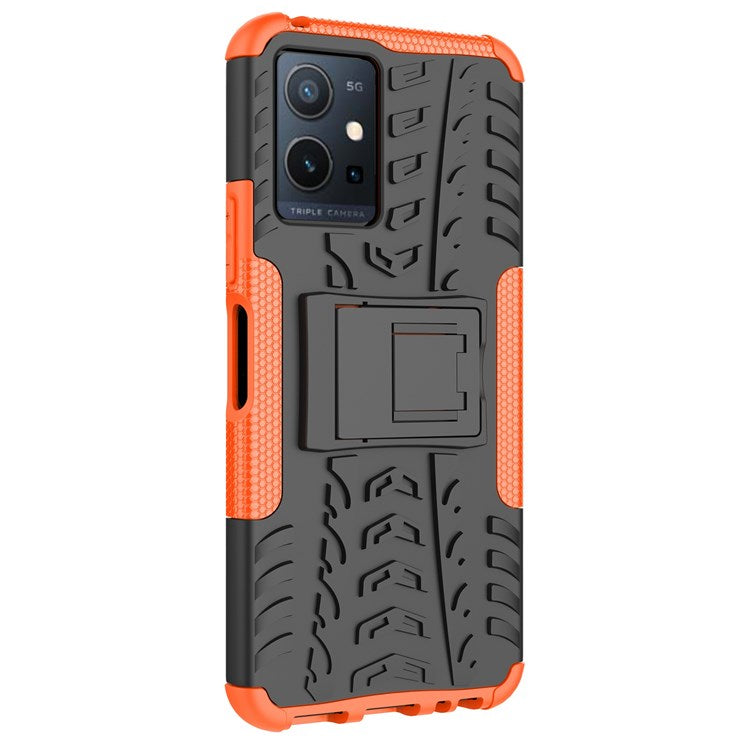 For vivo Y75 5G/Y55 5G Anti-scratch Built-in Kickstand PC + TPU Hybrid Impact Case Tire Texture Non-slip Rugged Shell - Orange