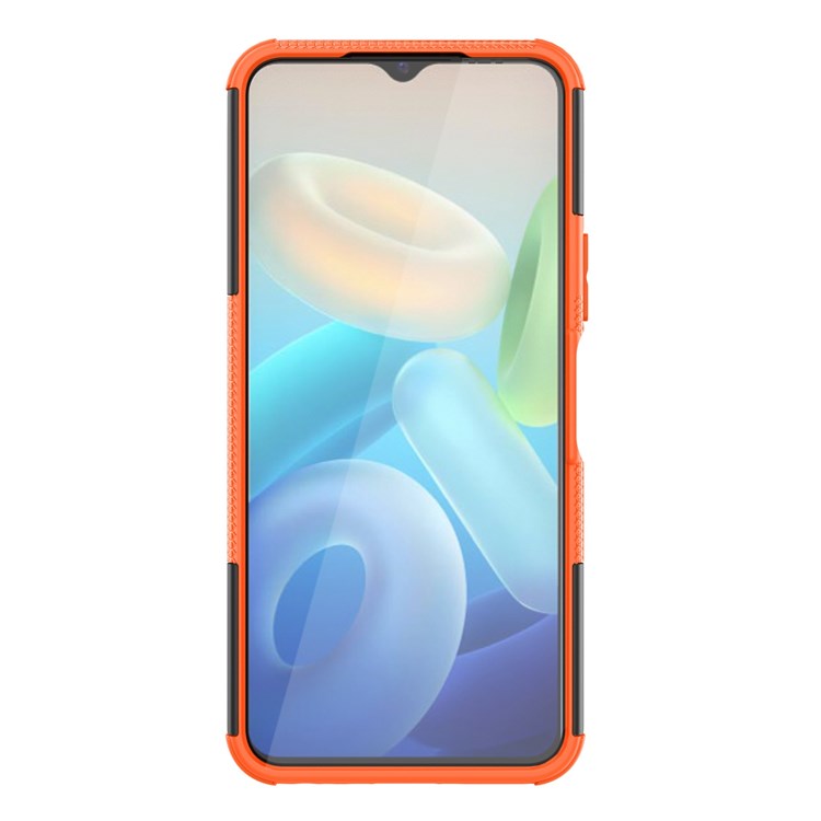 For vivo Y75 5G/Y55 5G Anti-scratch Built-in Kickstand PC + TPU Hybrid Impact Case Tire Texture Non-slip Rugged Shell - Orange