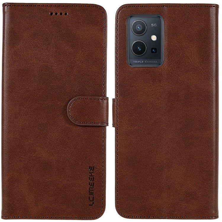 LC.IMEEKE For vivo Y75 5G/Y55 5G/T1 5G Flip Folio Book PU Leather Phone Case Wallet Style Stand Full Body Protective Cover - Brown