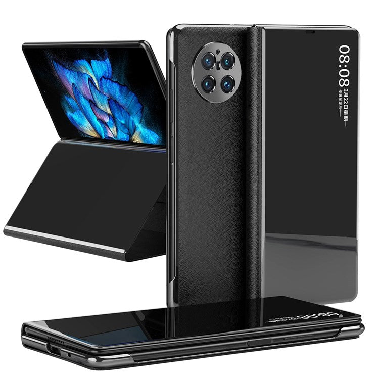 For vivo X Fold PU Leather Coated PC Mirror Surface View Window Shell Stand Function Shockproof Protective Phone Cover - Black