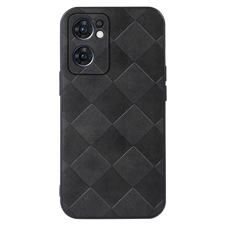 Slim Phone Case for Oppo Reno7 5G (Global) Grid Texture PU Leather Coated Hybrid Phone Cover Shockproof Phone Back Shell - Black