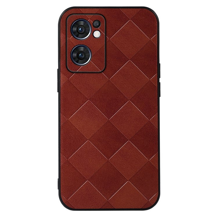 Slim Phone Case for Oppo Reno7 5G (Global) Grid Texture PU Leather Coated Hybrid Phone Cover Shockproof Phone Back Shell - Brown