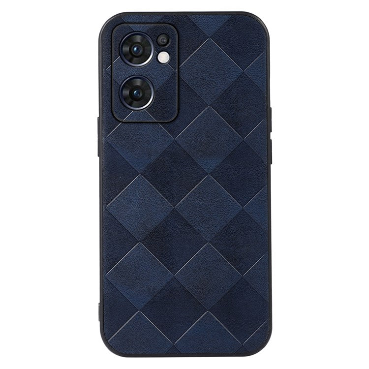 Slim Phone Case for Oppo Reno7 5G (Global) Grid Texture PU Leather Coated Hybrid Phone Cover Shockproof Phone Back Shell - Blue