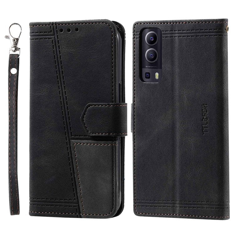 TTUDRCH 004 Skin-touch Leather Splicing Phone Cover for vivo Y72 5G, RFID Blocking Stand Flip Wallet Case with Strap - Black