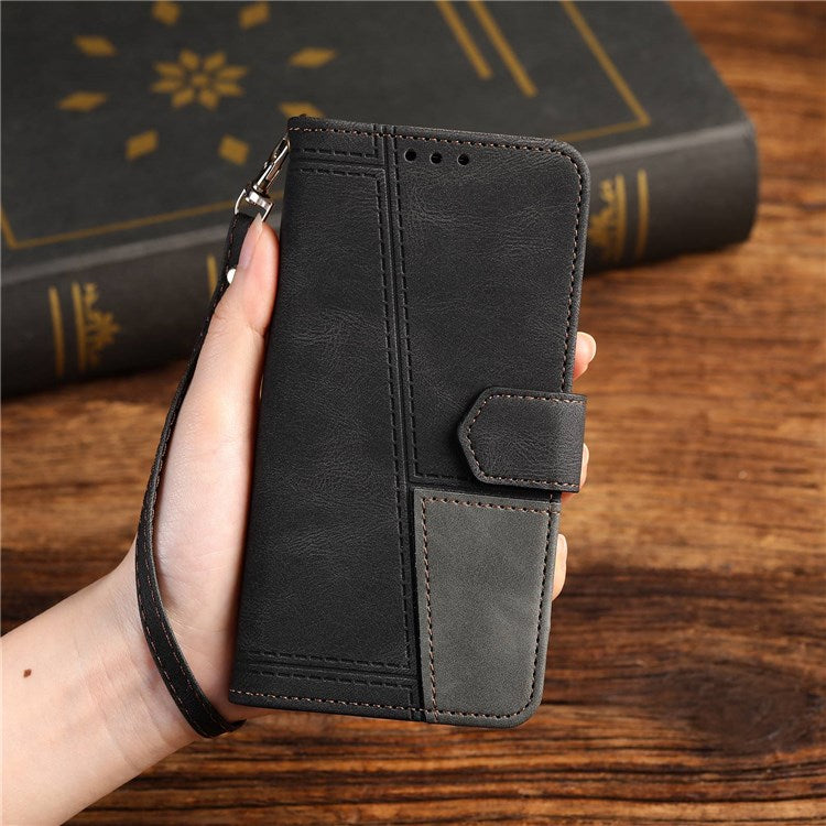 TTUDRCH 004 Skin-touch Leather Splicing Phone Cover for vivo Y72 5G, RFID Blocking Stand Flip Wallet Case with Strap - Black