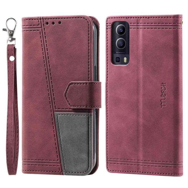 TTUDRCH 004 Skin-touch Leather Splicing Phone Cover for vivo Y72 5G, RFID Blocking Stand Flip Wallet Case with Strap - Wine Red